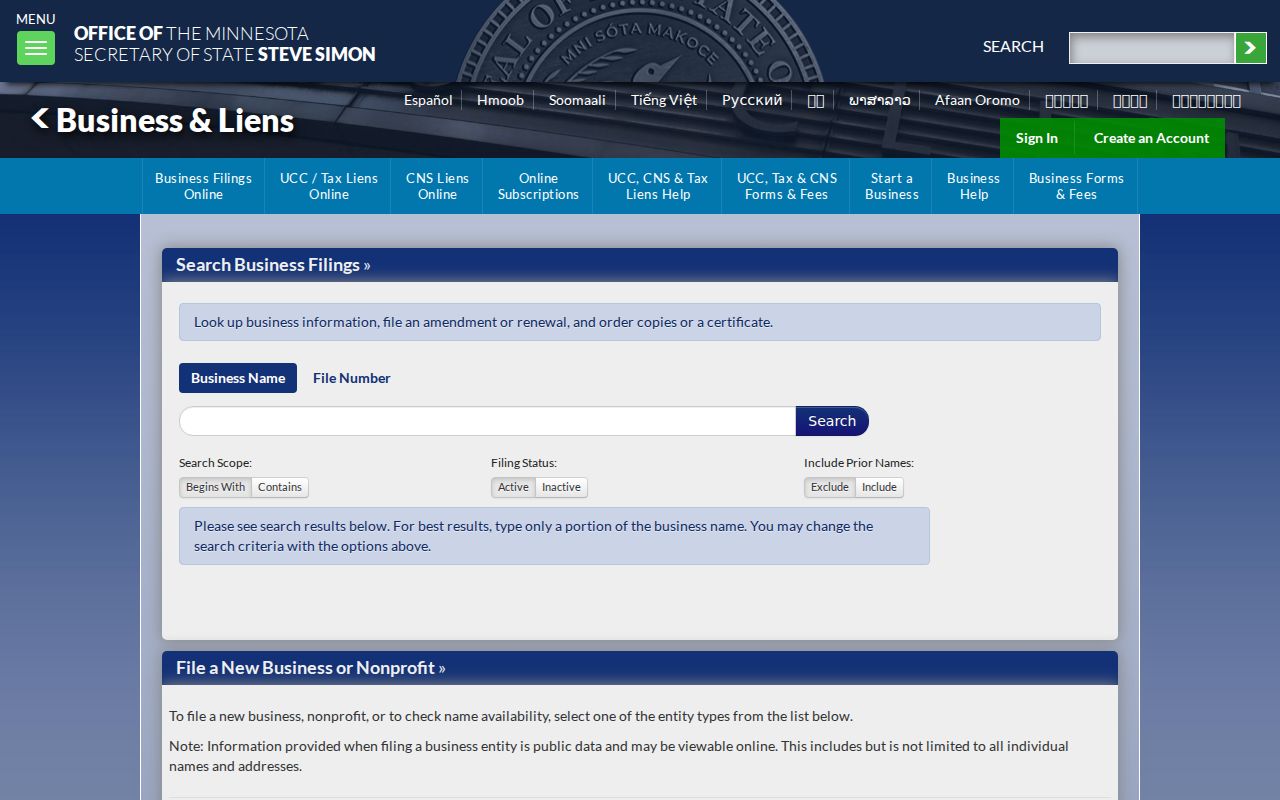 Champlin resident lookup context for Minnesota business name and file number search controls