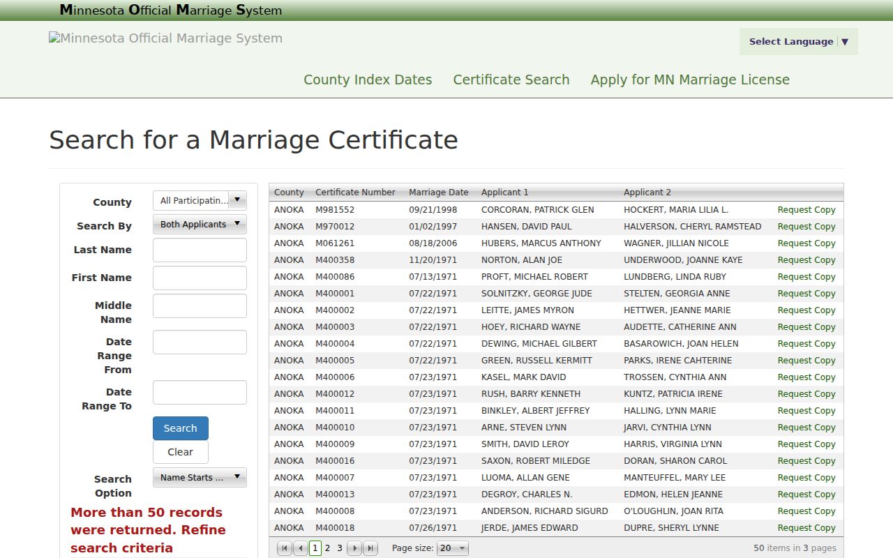 Champlin resident lookup using the Minnesota marriage index county, name, and date search fields