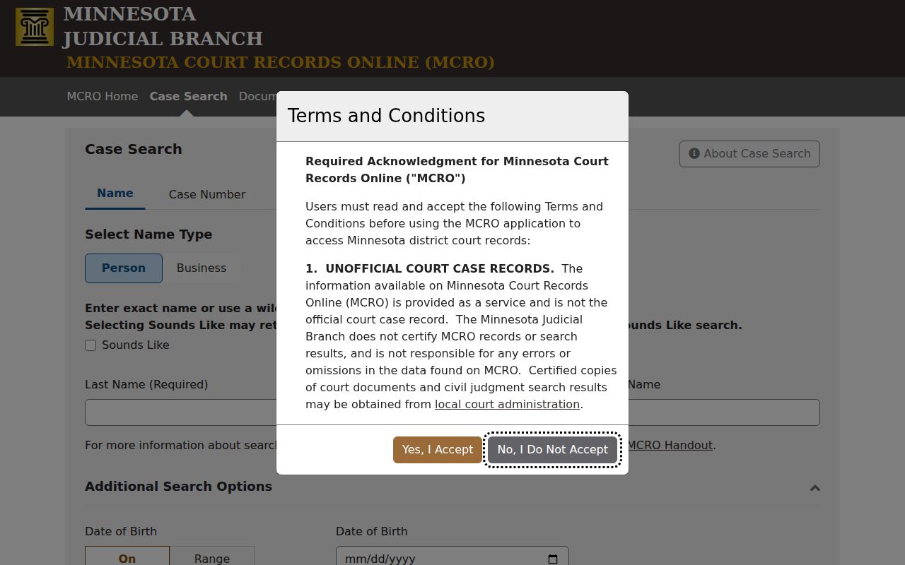 Champlin resident lookup through the MCRO name, case number, citation, and attorney search tabs